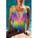 Sexy Cutout Drawstring Front and Sides Colorful Scale Printed One Piece Swimsuit