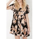 Casual Floral Printed Short Sleeve Round Neck Mini Skater Dress