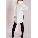 Women's Fashion Winter Turtle Neck Long Sleeve BF Style Knit Sweater Dress with Side Slit