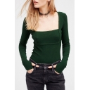 Sexy Square Neck Special Long Sleeve Plain Sweater