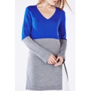 Chic Simple V-Neck Split Side Color Block Tunic Sweater with Long Sleeve