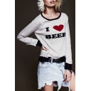 Women's Round Neck Contrast Cuff Letter Embroidery Sweet Pullover Sweater
