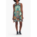 Fashion Tribal Printed Sleeveless Color Block Mini Tank Swing Dress