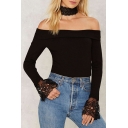 Sexy Women's Off the Shoulder Lace Cuffs Patchwork Pullover Sweater