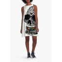 Women's Fashion Round Neck Sleeveless Skull Print Casual Loose Mini Swing Tank Dress