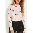 Lovely Cat Printed Long Sleeve Half High Neck Cropped T-Shirt