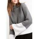 Women's Half High Neck Bell Split Long Sleeve Color Block Sweater