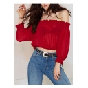 Sexy Off the Shoulder Long Sleeve Elastic Cuffs Plain Cropped Blouse