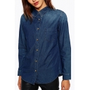 Fashion Single Breasted Lapel Long Sleeve Denim Button Down Shirt with One Pocket