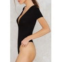 Sexy Women's Plunge V-Neck Short Sleeve Plain Bodysuit