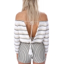 Fashion Sexy Tied Cutout V-Back Off the Shoulder Striped Cropped Sweater