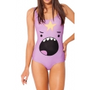 Light Purple One Piece Swimsuit in Angry Expression Cartoon Print
