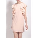 Lovely Layered Ruffle Short Sleeve Zip Back Plain Chiffon Mini Dress