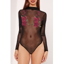 Sexy Sheer Mesh Embroidery Floral Long Sleeve Bodysuit