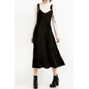 Fashion V-Neck Spaghetti Straps Sleeveless Plain Maxi A-Line Cami Dress