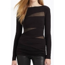 Women's Sexy Mesh Patchwork Bandage Long Sleeve Round Neck Bodycon T-Shirt