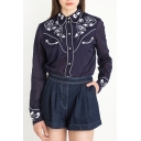 Fashion Single Breasted Embroidery Floral Pattern Long Sleeve Lapel Button Down Shirt