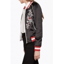 Fashion Embroidery Floral Letter Pattern Stand-Up Collar Zipper Placket Bomber Jacket