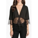 Sexy Plunge V-Neck Half Sleeve Lace Patchwork Blouse Top