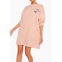 Women's Fashion Casual Loose Round Neck Long Sleeve Embroidered Sweatshirt Dress