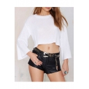 Fashion Trumpet Sleeve Round Neck Sweet Hollow Out Knit Crop Sweater