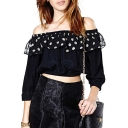 New Stylish Off the Shoulder Polka Dots Ruffle Front 3/4 Length Sleeve Cropped Blouse Top
