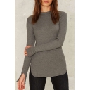 Women's Round Neck Split Cuffs Arc-Shaped Hem Long Sleeve Plain Sweater