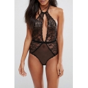 Sexy Sheer Halter Cutout Front Open Back Sleeveless Lace Bodysuit