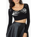 New Stylish Fluorescent Skeleton Hands Scoop Neck Long Sleeve Open Back Cropped T-Shirt