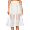 Elegant Sheer Mesh Patchwork Midi Plain Skirt