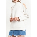 Women's Mock Neck Cold Shoulder Long Sleeve Plain Sweatshirt with Side Slit