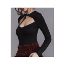 Sexy Cutout Front Tied Collar Long Sleeve Pullover Sweater