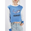 Women's Shark Letter Printed Round Neck Contrast Trim Color Block Cropped Pullover Sweatshirt