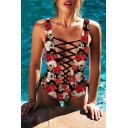 Sexy Cutout Skull Floral Printed Color Block One Piece Tank Swimsuit