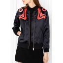 Stand-Up Collar Zipper Placket Long Sleeve Contrast Printed Bomber Jacket