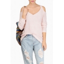 Women's Fashion Cold Shoulder V Neck Long Sleeve Casual Loose Knit Sweater