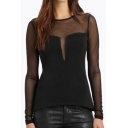 Sexy Women's Sheer Mesh Patchwork Long Sleeve Round Neck Blouse Top