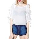 Girls' Sweet Round Neck Half Sleeve Bow Side Hollow Out Sheer Chiffon Blouse
