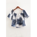 Sexy Off the Shoulder Printed Color Block Short Sleeve Blouse