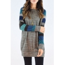 Trendy Striped Color Block Long Sleeve Round Neck Tunic Pullover Sweater