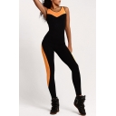 Color Block Round Neck Sleeveless Mesh Patched Sports Jumpsuits