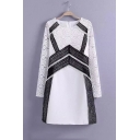 Lace Patchwork Color Block Long Sleeve Round Neck Zip-Back Mini Dress