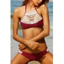 Women's Hot Fashion Lace Patched Halter Neck Off the Shoulder Bikini