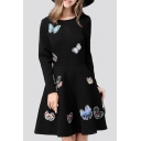 Elegant Embroidery Butterfly Pattern Long Sleeve Round Neck Mini A-Line Dress