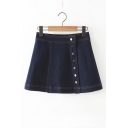 New Fashion Single Breasted Side Dark Wash Blue A-Line Mini Denim Skirt