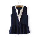 New Stylish Single Breasted Sleeveless Color Block False Two Pieces Blouse