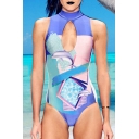 Women's Cutout Front Cartoon Printed Color Block One Pieces