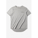Casual High Low Trim Short Sleeve Round Neck Plain Tee with One Pocket