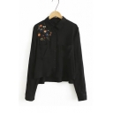Embroidery Floral Pattern Single Breasted Lapel Shirt with Two Pockets