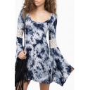 Fashion Scoop Neck Bell Long Sleeve Lace Patchwork Color Block Mini Dress